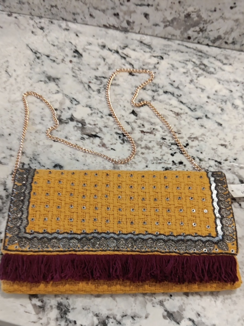 FRANCESCA'S Yellow Embellished Fringe chain Clutch